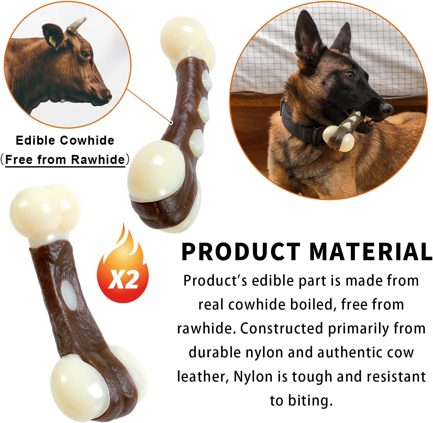 Nylon Dog Bones, Pack Tough Chew Toys for Large/Medium/Small Dogs, Beef Flavor, Teeth Cleaning, Training (2 Pcs, Fat Bones)